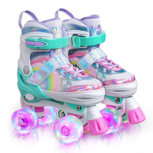 SULIFEEL Rainbow Unicorn Verstellbare Rollschuhe für Kinder mit Leuchtenden Rädern für Mädchen und Jungen Klein (28-31EU)
