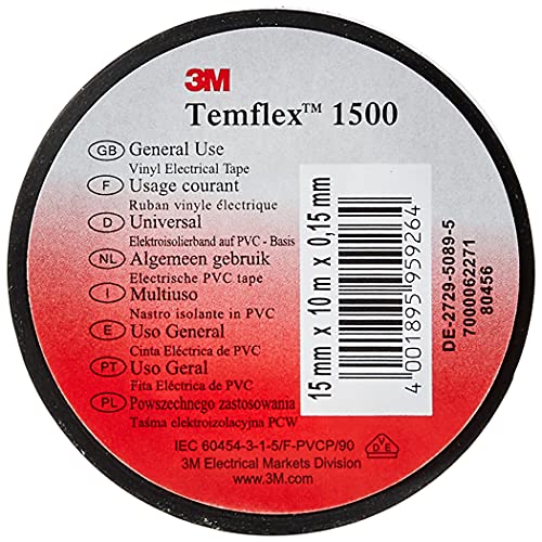 3M Temflex TSCH1510 Temflex 1500 Vinyl Elektro-Isolierband, 15 mm x 10 m, 0,15 mm, Schwarz 1 - Pack