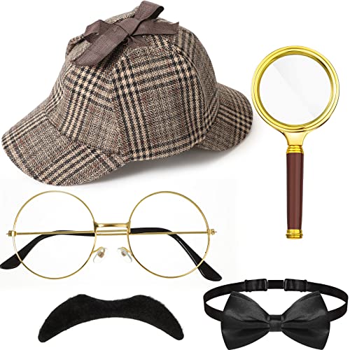 BBTO 6 Stück Detektiv Kostüm Zubehör Set inklusive Detektiv Mütze Pfeife Lupe Fliege Falscher Schnurrbart Brillen ohne Linsen für Rollenspiel Detektiv Cosplay Requisite