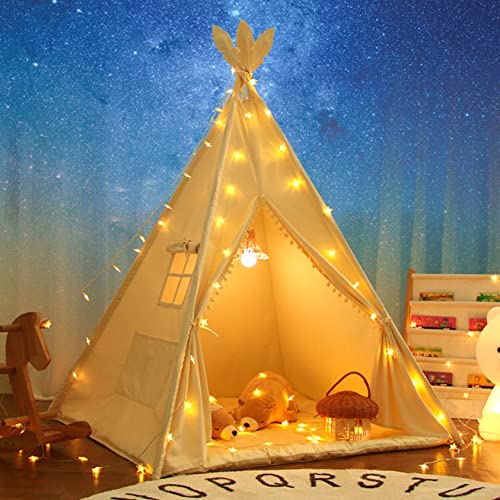LIONHERZ® Tipi Zelt für Kinder aus 100% Baumwolle mit Kuschelmatte, Tragetasche und Federschmuck | Tippi Kinderzelt [Stabil] Teepee Spielzelt Indoor Outdoor | Spielhaus Mädchen Jungen (Cremeweiß)