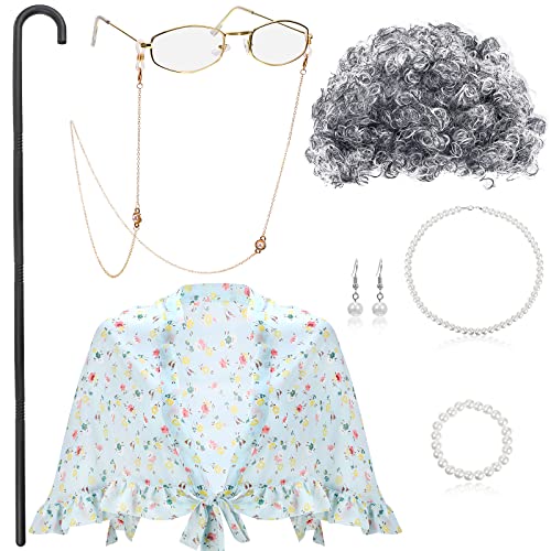 BBTO Alte Dame Cosplay Set Inklusive Oma Kostüm Schürze Schal Aufblasbarer Stock Perücke Rahmen Brillen mit Brillen Ketten Kordel Kunstperlen Halskette Armband Ohrringe (Lockige Frisur)