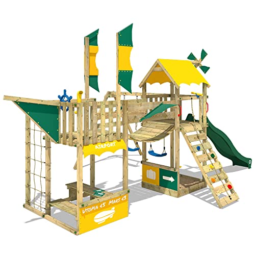WICKEY Spielturm Smart Wing Kletterturm Spielplatz Luftschiff mit Segeln und Propeller Kletternetz Sandkasten, grüne Rutsche + gelb-grüne Plane