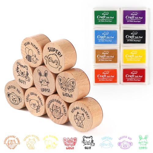 LALAGO Holz Lehrer Stempel, 9 Stück Motivstempel mit 8 Verschiedenen Farben von Druckknete, Stempel für Lehrer Belohnung, Stempel Geschenk für Lehrertag Motivation, Deutsch Lob Schüler Motivstempel