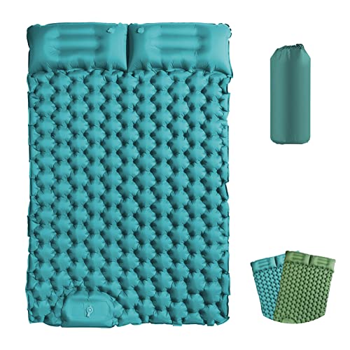 EXLECO Camping Isomatte 2 Personen Selbstaufblasend Luftmatratze mit Kissen Outdoor Camping Matratze Isomatte Faltbar Ultraleicht Luftbett Aufblasbar Bett Camping Matte mit Fußpumpe für Zelt Seeblau