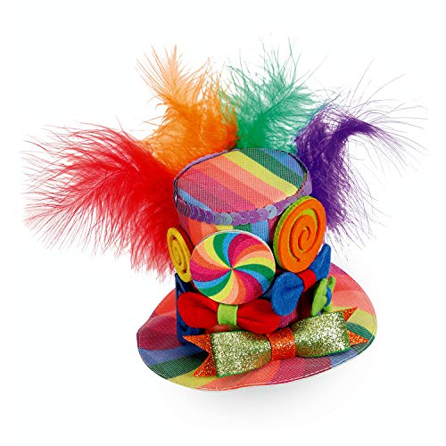 NET TOYS Farbenfroher Mini-Zylinderhut Clown mit 2 Haarclips - Knallige Damen-Kopfbedeckung Närrin - EIN Blickfang für Fasching & Fastnacht