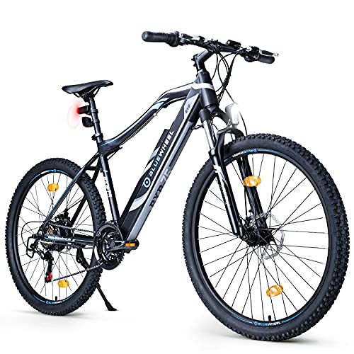 BLUEWHEEL E-Bike 27,5“ & 29“ I Deutsche Qualitätsmarke | EU-konform Offroad E-Mountainbike 21 Gänge & Hinterradmotor für 25 km/h bis zu 150 km |Fahrrad mit MTB Federgabel, App, LED Licht | BXB75 Ebike
