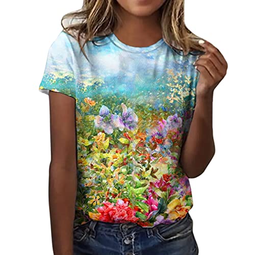 Briskorry Damen T Shirts Casual Tee Sommer Kurzarm Bluse mit Blumen Schmetterlings Print Frauen Mode O-Ausschnitt Pullover Lose Outdoor Oberteile Geschenk für Teenager Mädchen