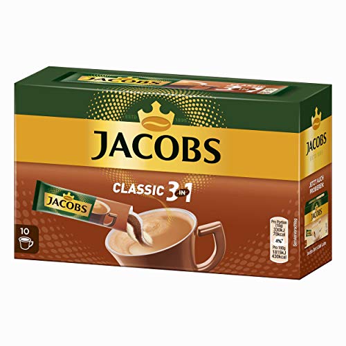 Jacobs 3 für 1 Löslicher Kaffee mit Kaffeeweiߟer und Zucker 10 praktische Becher-Portionen, 180 g