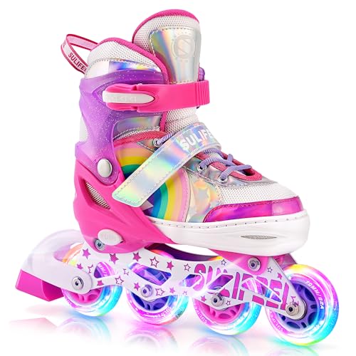 SULIFEEL Rainbow Unicorn Verstellbare Schwarz Rollschuhe für Kinder mit Leuchtenden Rädern für Jungen