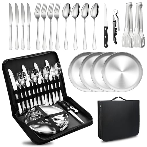 Camping Besteckset 4 Person, 20 PCS Picknick-Teller und Utensilien-Set, Tragbares Geschirr, Edelstahl-Besteck-Kombination mit Organizer-Tasche, Wiederverwendbar, Langlebig