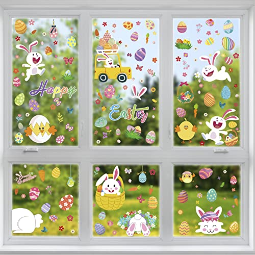 Willingood Fensterbilder Ostern, 9 Blatt Wiederverwendbare Osterdeko Aufkleber Sticker Osterhase Ostereier Osterküken Fensterdeko Fensterdekoration Frühlingsdeko DIY Aufkleber Für Hause Kinderzimmer