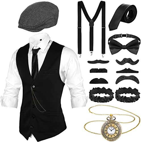 Blulu 1920er Herren Gatsby Kostüm Zubehör Set 1920er Männer Kostüm Gangster Kostüm Zubehör Weste Zeitungsjunge Hut Taschenuhr Fliege (M)