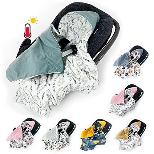 BABEES Einschlagdecke für Babyschale Autositz FRÜHLING SOMMER, Universal Velvet Baby Decke mit Klettverschluss Babytragen leicht Übergangssaison eukalyptus