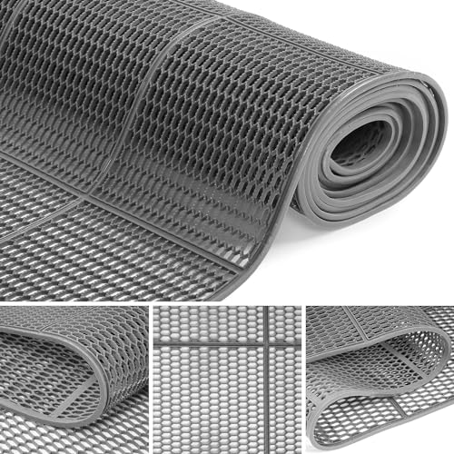 MYOYAY Duschmatte Drainage Bodenmatte 4mm Dick,rutschfest Küchenmatten, 90 * 300cm Pool Matte PVC Mesh Drainagematte, Perforiert Gummimatte Saunaläufer Grau Antirutschmatte für Küche Schwimmbad