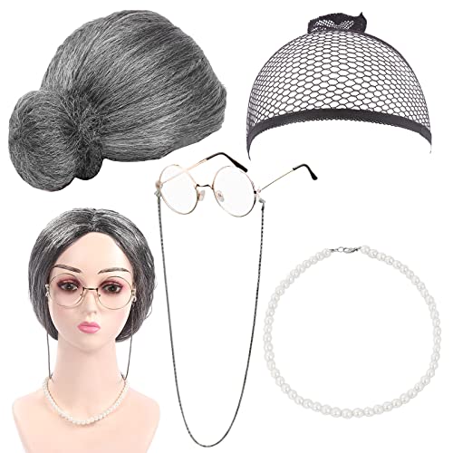 Oma Kostüm Großmutter Cosplay Zubehör Set mit Oma Perücke Perlenkette Oma Brille Brillenketten Kordelriemen Kostümzubehör, Grauer Old Lady Kostüm Set Verkleidung Party Fasching Kostüm Accessoire
