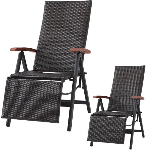 MAMIZO 2 Klappstühle aus Rattan, 7 Fach Verstellbarer Stuhl, Aluminium-Garten-Außenstuhl mit Armlehnen, Garten, Camping, Schwimmbad, Balkon (3-Fach, braun)