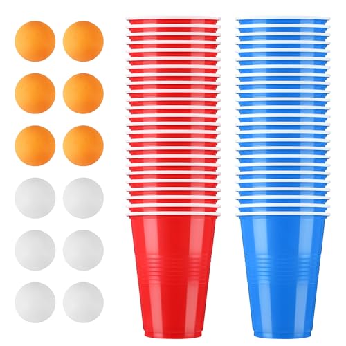 BUCOMTU Becher Set，Becher Partybecher Enthält 50 Becher (16oz) und 12 Tischtennisbälle，mehrweg Becher，Perfekt für Party Partys, Geburtstage, Hochzeiten, Camping