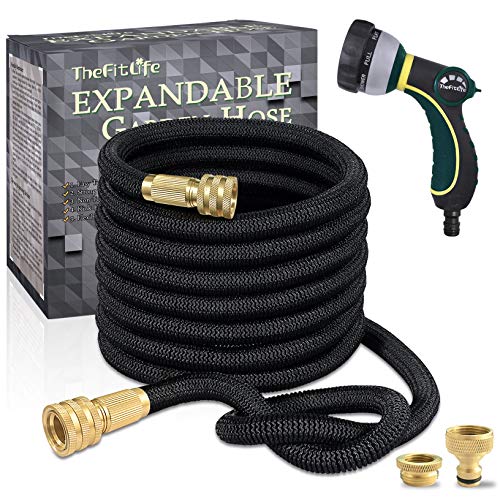 TheFitLife Dehnbarer Gartenschlauch - Dreifachkern Latex und solide Metallarmaturen 8 Muster Sprühdüse EU Standard Erweitern Knickfrei Einfache Lagerung Flexibler Wasserschlauch(25FT)