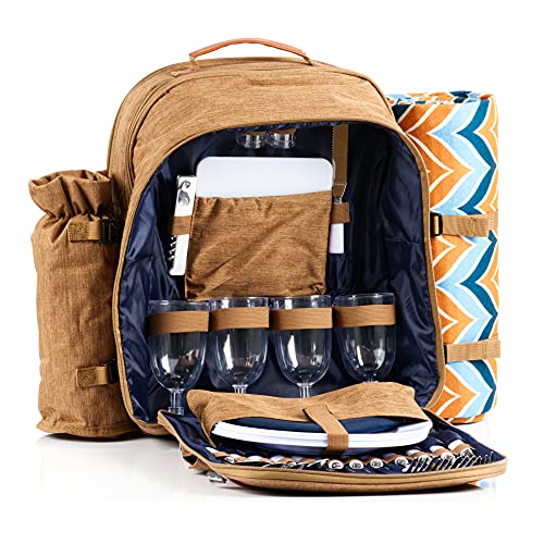 CampFeuer Picknickrucksack für 4 Personen | braun | Picknickset 32-teilig | inkl. Flaschenhalter und Fleece Decke, großem Kühlfach, Geschirr und Besteck