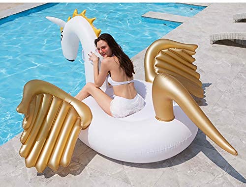 Gcxzb Schwimmreifen Goldene Pegasus-Tierhalterungen Erwachsene übergroße schwebende Entwässerung auf dem schwimmenden Bett Einhorn-Flügel-Badering geeignet für Innen- und Außenpools