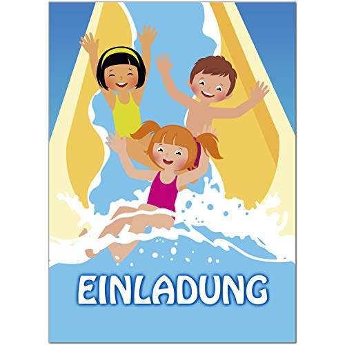 16 Einladungskarten zum Kindergeburtstag Motiv: Wasser-Rutsche Schwimmbad - Einladungen für Kinder zum Geburtstag im Set