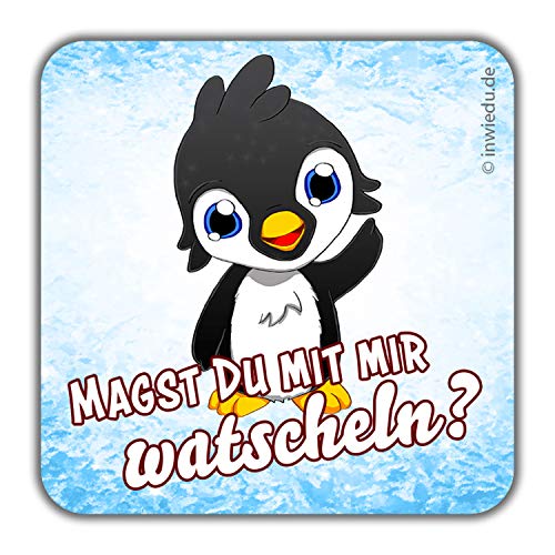 INWIEDU - quadratischer Magnet-Sticker Pinguin Nani mit Spruch: Magst du mit Mir watscheln? - Magnetfolie quadratischer Sticker - 50 x 50 x 1 mm - Kühlschrank Magnet Tafel