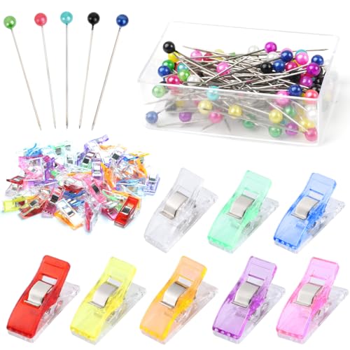 200 Stück Stecknadeln mit Kopf + 50 Stück Nähklammern, Edelstahl Stecknadeln Mehrfarbig, Stoffklammern zum Nähen, Nähzubehör für Basteln Quilten Säumen Schmuck Making