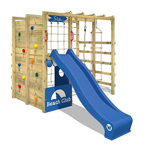 WICKEY Klettergerüst Spielturm Smart Allstar mit blauer Rutsche, Gartenspielgerät mit Kletterwand & Spiel-Zubehör