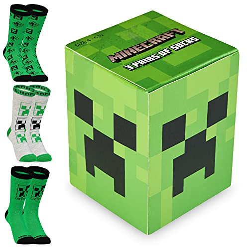 Minecraft Socken Kinder, Creeper Kinder Socken Set, 3 Paar Coole Socken für Jungen (Grün, 31-36)