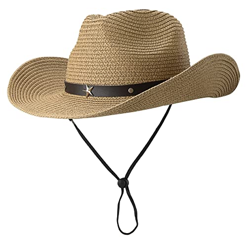 Damen Strohhut Cowboyhut mit breiter Krempe Westernhut Cowgirl-Hut Sommer Sonnenhüte für Männer, khaki, Einheitsgröße