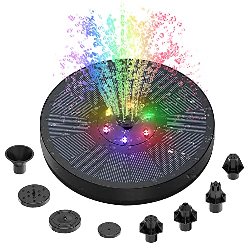 Solar Springbrunnenpumpe, 3W Kreis Solar Wasserbrunnen mit 8 Arten von Düsen und 7 bunten LED-Leuchten, schwimmende solarbetriebene Teichpumpe für Vogeltränke/Aquarium/Teich/Pool/Gartendekoration