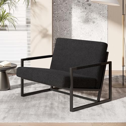Hawthyhome Sessel Schafwolle Loungesessel aus Kunstleder Extragroß Gepolsterter Sessel mit Armlehnen Loungesessel mit Vollmetallrahmen Wohnzimmer/Schlafzimmer Schwarz