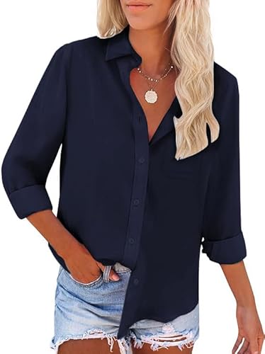 Friptspyg Bluse Damen Langarm Elegant Hemdbluse Lässiges Langbluse V-Ausschnitt Oversize Bluse Oberteile Tops mit Tasche,Dunkelblau M