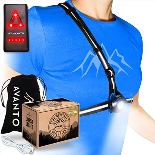 AVANTO PRO Lauflicht, Original, 500 Lumen USB-C Wiederaufladbares Led Brust Lauflampe mit Einstellbarem Lichtstrahl der Led Lampe und Reflektoren Joggen, Warnweste Brustlampe Joggen