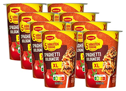 MAGGI 5 Minuten Terrine XL Spaghetti Bolognese, leckeres Fertiggericht, Instant Nudeln, mit Hackfleisch, 8er Pack (8 x 81g)