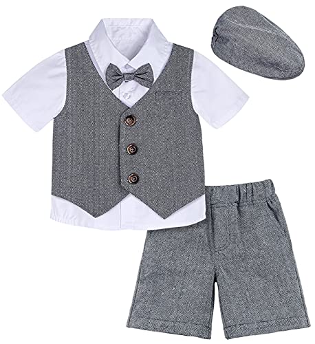 mintgreen Baby Junge Formell Outfits Gentleman Anzugset mit Hut, Grauschwarz, 18-24 Monate