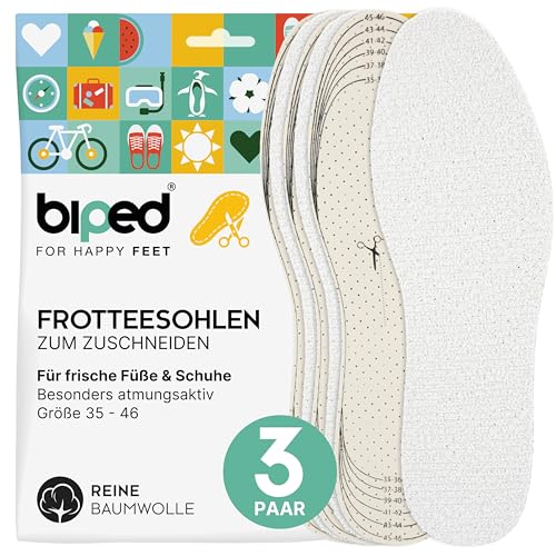 biped 3 Paar Barfußsohlen zum Zuschneiden - Frottee Einlegesohlen aus 100% Baumwolle und weicher Latex Dämpfung - Schuheinlagen gegen Fußgeruch und Bakterien z2028