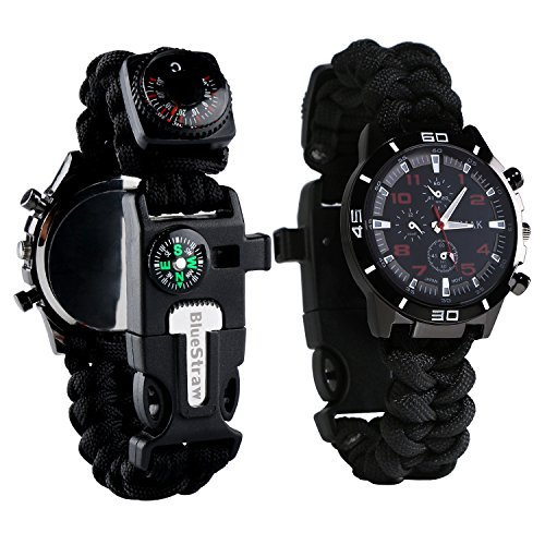 BlueStraw Überlebens-Armbanduhr, Männer & Frauen Notfall Überleben Uhr mit Paracord/Pfeife/Feueranzünder/Schaber/Kompass und Thermometer, 6 in 1 multifunktionalen Outdoor-Ausrüstung