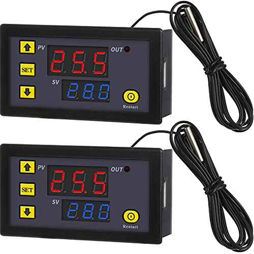 W3230 LCD Digitaler Thermostat DC 12V 20A Temperatur Regler Meter Regler Steuerschalter -50-110 Grad Celsius mit Temperatur Sonde Hochtemperatur Alarm, 2 Stücke