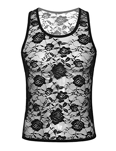 TiaoBug Herren Sissy Dessous Spitzen Unterhemd Ärmellos Tank Top Shirt Transparent Unterwäsche Weste Sexy Oberteile Männer Erotische Reizwäsche Schwarz Weiß Schwarz XL