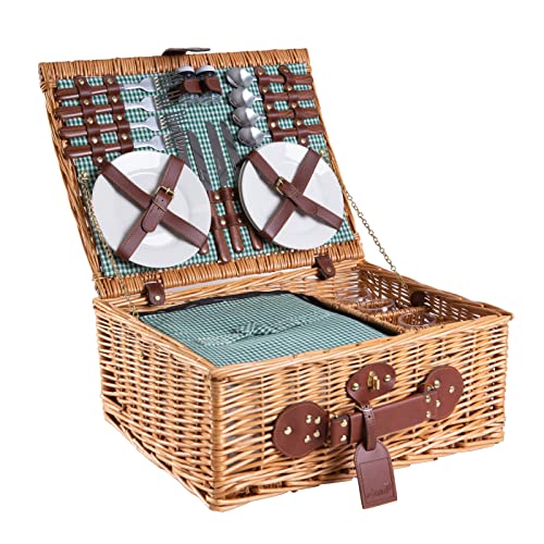 eGenuss Handgefertigtes Picknickkorb für 4 Personen mit Kühlfach - Inklusive Edelstahlbesteck, Kühlfach, Weingläser und Keramikteller - GRÜN Gingham-Muster