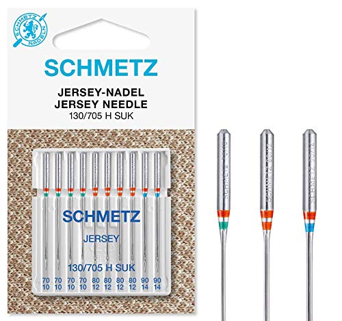 SCHMETZ Nähmaschinennadeln | 10 Jersey-Nadeln | 130/705 H SUK | Nadeldicken: 4x 70/10, 4x 80/12 und 2x 90/14 | auf allen gängigen Haushaltsnähmaschinen einsetzbar | für Jersey Strick- und Wirkwaren