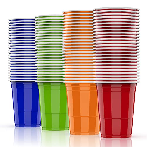AOLUXLM 100 Plstikbecher Set Mehrweg Becher, Wiederverwendbare Partybecher 473ML / 16 OZ Becher Getränkebecher Kunststoff Cups in 4 Farben