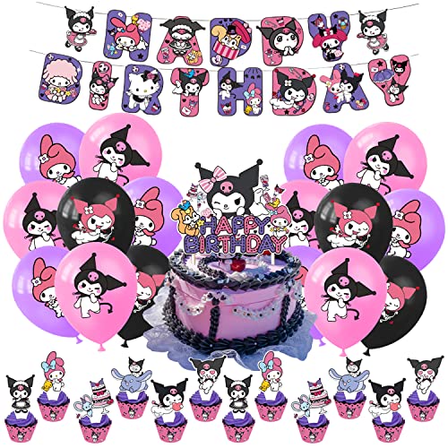 Sanrio Geburtstag Party Set 32 Stück, Kuromi Luftballons Geburtstag, Hello Kitty Thema Party Zubehör, Geburtstag Banner, Kuchen Dekoration, Cupcake Topper, Kindergeburtstag Party Dekorationen