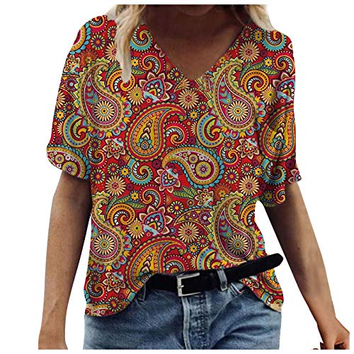 Damen T-Shirt Frühling Sommer Szenische Blumen Tiermotiv Tops Bunte 3D-gedruckte Pullover Casual Kurzarm V-Ausschnitt Tunika Vintage T-Shirt Bluse(L,Gelb3)