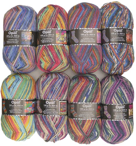 8x100g Opal Sockenwolle Paket Hundertwasser #3, Sockenwolle mit buntem Farbverlauf zum Stricken oder Häkeln