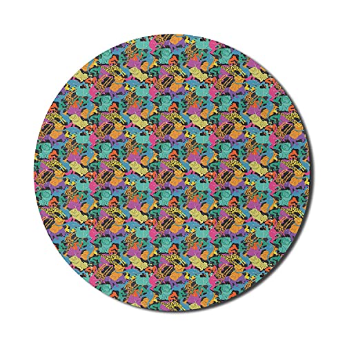 Safari Mouse Pad für Computer, 90er Jahre Retro-Stil Vibrant Regenbogen Farbige Silhouetten von Wildtieren Muster, Runde rutschfeste dicke Gummi Modern Gaming Mousepad, 8 'rund, mehrfarbig