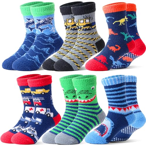 Welwoos Stoppersocken Kinder Kuschelsocken Jungen Dicke Socken Warme Anti Rutsch Wintersocken Flauschige Bettsocken Geschenke Haussocken 6 Paare(Tier & Autos,26-29)