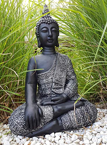 K&L Wall Art Sitzender Buddha Beton Grau Kunststein Feng Shui Deko Figur große Buddhastatue Garten Statue frostfest (45 cm Höhe, Silber, schwarz)