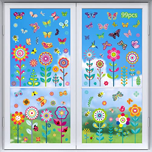 Fensterbilder Frühling Selbstklebend, 99 Stück Blumen Schmetterling Fenster Abziehbilder Bunt Schmetterlinge Fensteraufkleber Anti-Kollision Aufkleber, für Kinderzimmer Party Fensterdeko